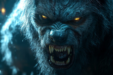 A werewolf transformation scene, where a person painfully morphs into the creature under the full moon, adds to the gruesome horror of Halloween. Concept of fear.