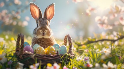 Easter bunny with a basket of decorated eggs in a sunny meadow