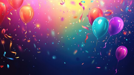 Vibrant Celebration with Floating Balloons and Colorful Confetti under Bright Lights