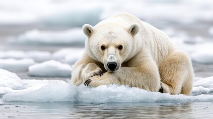 Fototapeta premium Polar bear resting on ice, with a serene expression and white background.