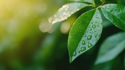 Fototapeta premium Fresh green leaves with water droplets glistening in soft sunlight.
