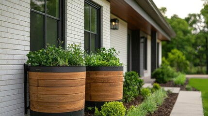 Fototapeta premium Stylish wooden flower pots with greenery by a modern house, white background.