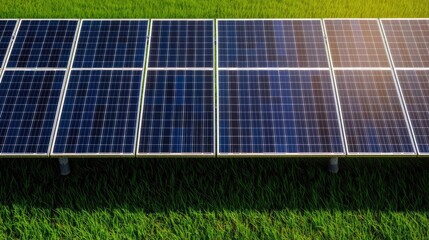 Solar panels on green grass, green energy concept, renewable energy source.