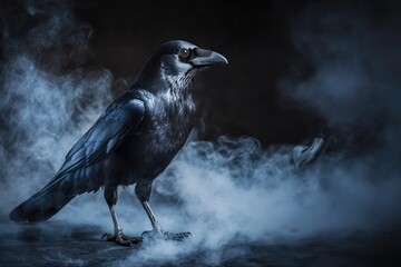 Fototapeta premium Close-up black crow on a dark blurred background with smoke, close-up, space for text