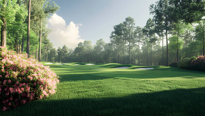 Fototapeta premium Serene Golf Course Landscape: A breathtaking vista of a lush golf course nestled within a verdant forest, bathed in the warm glow of the morning sun.