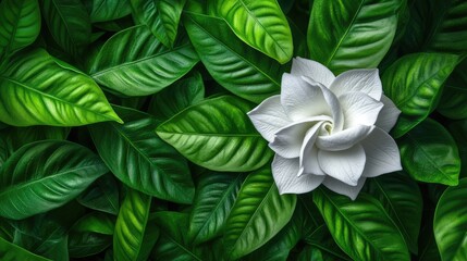 Obraz premium Elegant White Flower Surrounded by Green Leaves