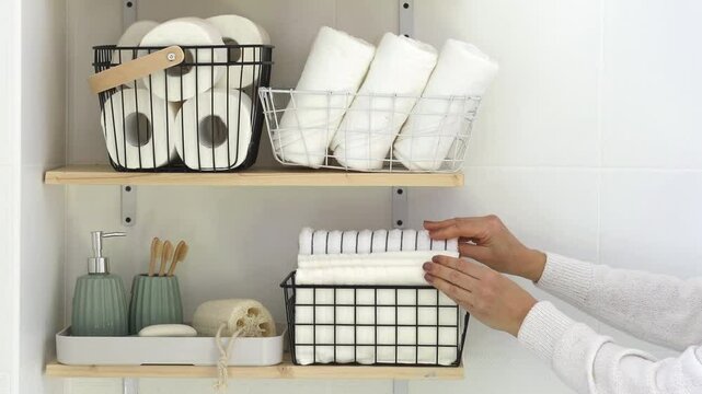 A woman puts a stylish basket with clean towels on the shelf. Concept organization and storage