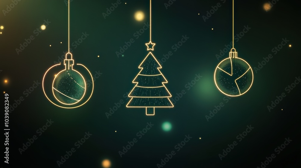 Poster This artwork features minimalist glowing outlines of Christmas trees and ornaments, creating a festive atmosphere on a dark backdrop. Generative AI