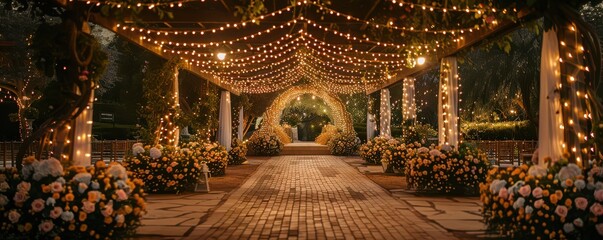 Obraz premium Elegant wedding ceremony setup with floral arrangements, twinkling lights, and a romantic evening setting. Free copy space for text.