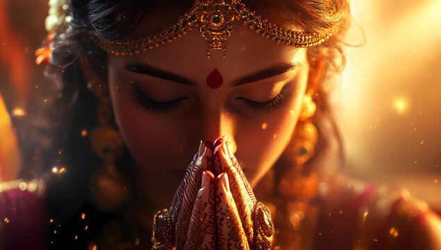 Indian Woman in Prayer: A woman with a bindi and traditional jewelry, dressed in a vibrant saree, bows in prayer with her hands clasped in a gesture of devotion.