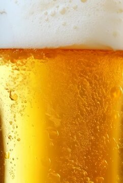 Closeup beer bubbles foam texture. Сold fresh golden beer in glass. Oktoberfest festival, St Patrick Day celebration. Macro shot. Alcohol drink, beverage