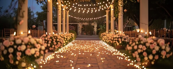 Obraz premium Elegant wedding ceremony setup with floral arrangements, twinkling lights, and a romantic evening setting. Free copy space for text.
