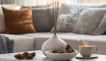 Cozy Living Room Retreat: A white ceramic diffuser with incense burning, surrounded by pine cones and a lit candle, creates a serene and inviting ambiance in a modern living room setting. The soft.