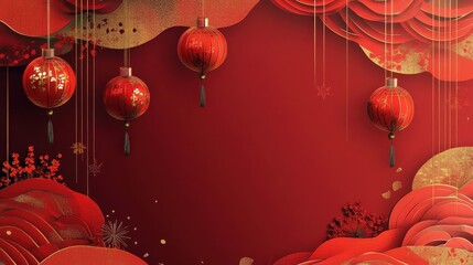 Obraz premium Traditional Chinese Lanterns on Red Background with Floral and Abstract Patterns