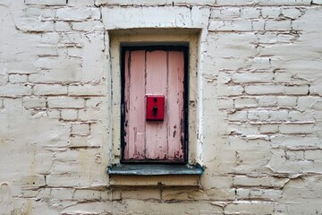 A weathered pink door with a red mailbox in a brick wall