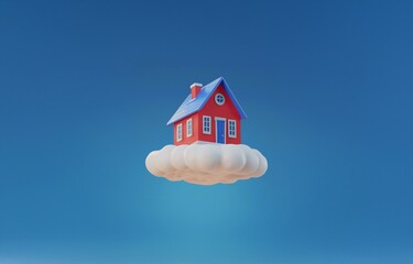 Naklejka premium A red and blue house sits atop a fluffy white cloud against a clear blue sky.