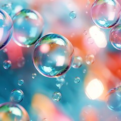 Teal soap bubbles on colorful blurred background, close up