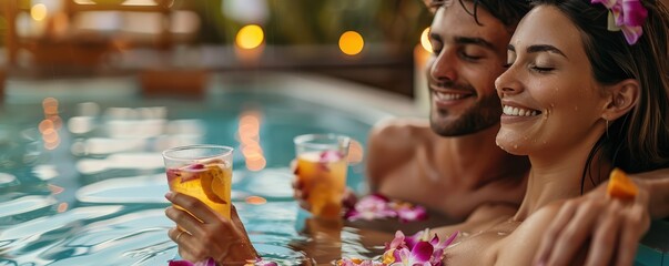 Happy couple enjoying a relaxing moment in a hot tub, smiling and holding drinks, romantic vacation. Free copy space for text.