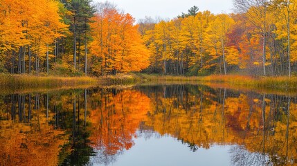 Obraz premium A serene landscape featuring a calm body of water reflecting vibrant autumn trees. The scene is dominated by trees in shades of orange and yellow, with some green foliage still visible. The shoreline 