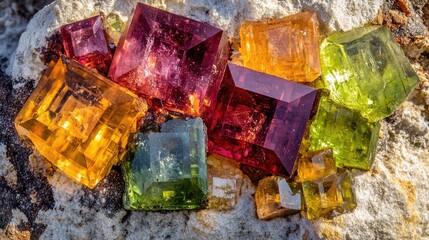 Vibrant Colorful Crystals on Natural Stone Surface