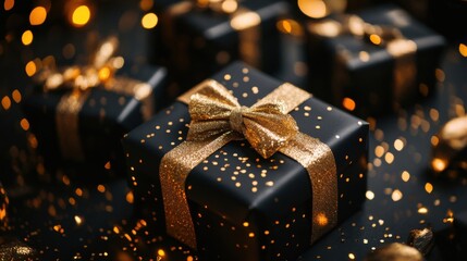 Black gift boxes with gold ribbons and confetti