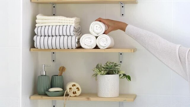 A woman takes clean white towels folded in the form of rolls on a shelf in the bathroom.