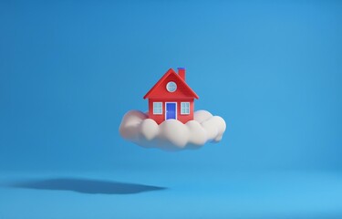 Naklejka premium A red house sits on a fluffy white cloud against a vibrant blue sky.