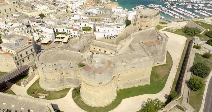 Aerial view of the Aragonese Castle of Otranto. The fortress is located in the historic center of the city in the province of Lecce, Salento, Puglia, Italy.