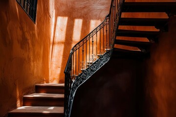 Ornate Black Iron Handrail on a Curved Staircase in an Old Building with Orange Walls
