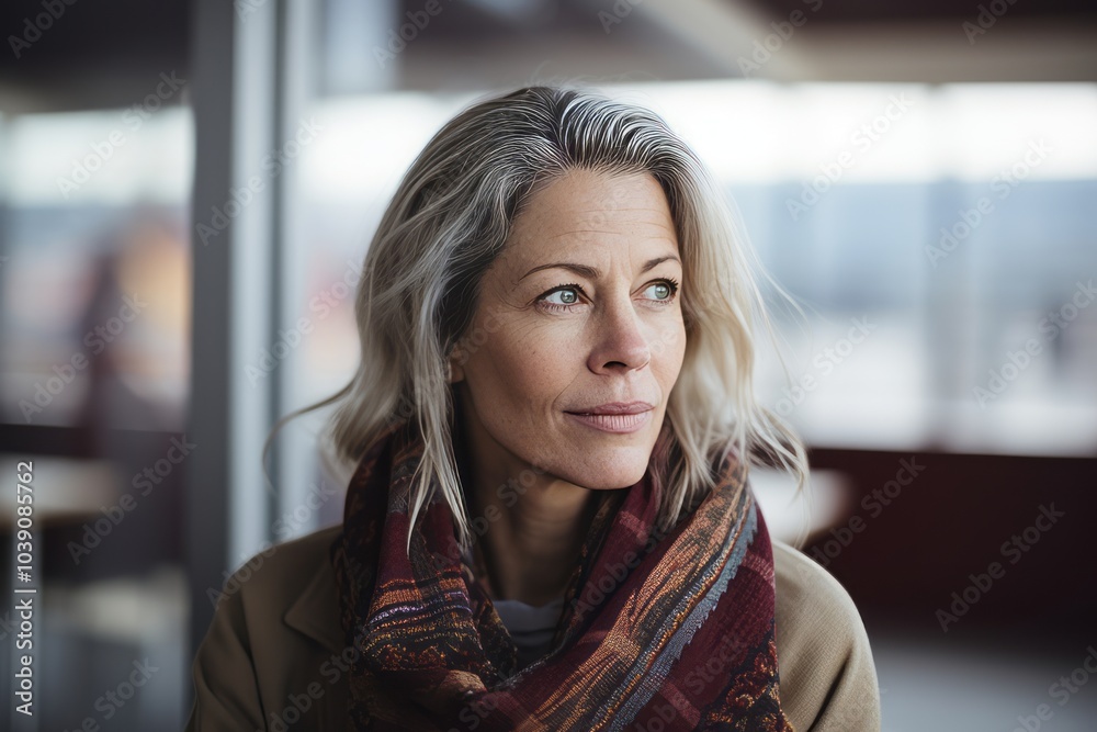 Wall mural Portrait of mature woman with grey hair and scarf looking at camera