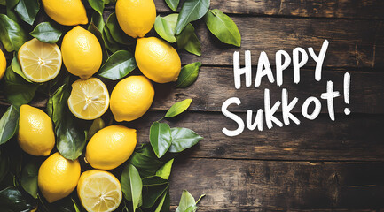 Sukkot lemons, harvest display: A bright display of fresh lemons, halved and whole, arranged amidst lush green leaves and text for the Sukkot festival.