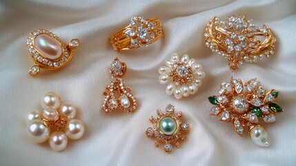 Fototapeta premium Elegant Jewelry Collection on Soft Fabric Background