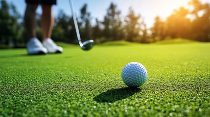 Golfer finishing a powerful drive, watching the ball descend near the pin on a well-manicured green