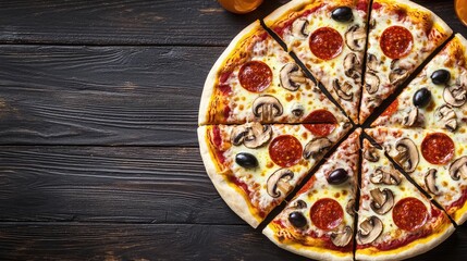 Delicious pizza with pepperoni, mushrooms, and olives on a rustic wooden table
