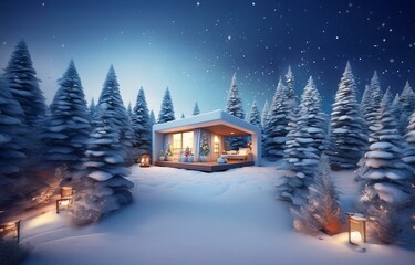 Fototapeta premium A cozy cabin nestled among snow-covered fir trees under a starry night sky.