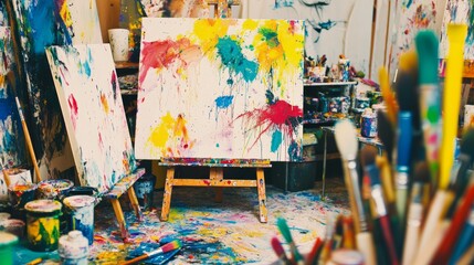 Naklejka premium A vibrant art studio with canvases, paint splatters, and various brushes scattered around