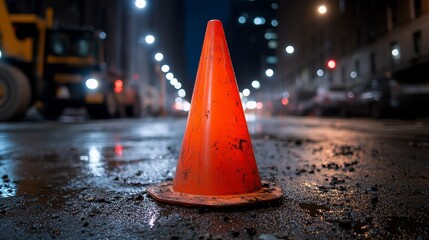 A vivid orange cone standing in contrast to the dark asphalt and machinery in a noisy construction site, illuminated by streetlights