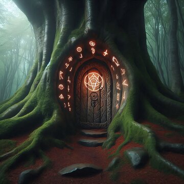 Hidden door in a tree with glowing runes