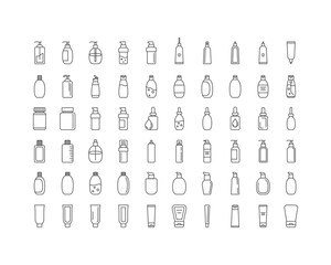 Collection vector icons of beauty, cosmetics and care. Bottle, jar, shower gel, face cream, body lotion, spray, ointment, paste.