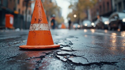 Overhead close-up of a vibrant orange traffic cone with a cracked asphalt street and blurred pedestrians, construction warning, city under construction
