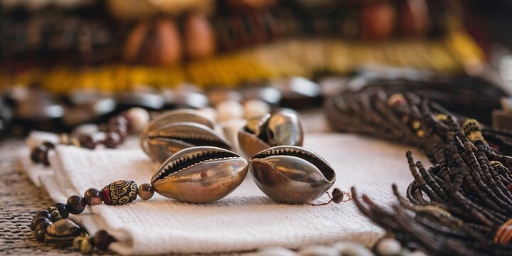 Ouidah Voodoo Ceremony. A close-up of ritual items, including cowrie shells and sacred beads, used during the Voodoo Festival in Ouidah, Benin.