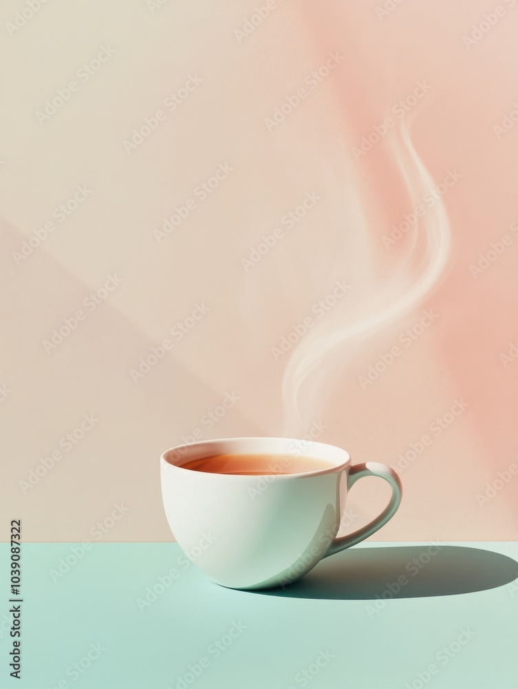 Aufkleber a tea cup on a surface emits gently curving steam, set against a soft pastel backdrop, creating a se