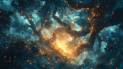 Obraz premium Fractal vines intertwining in a celestial forest, shimmering hues of teal and gold, fantasy-style digital painting, high-contrast lighting, surreal dreamlike scene