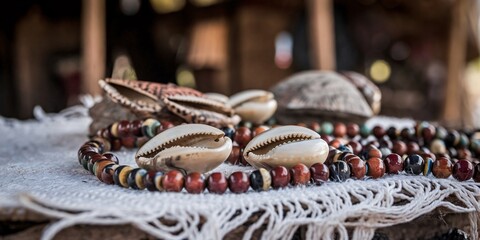 Ouidah Voodoo Ceremony. A close-up of ritual items, including cowrie shells and sacred beads, used during the Voodoo Festival in Ouidah, Benin.