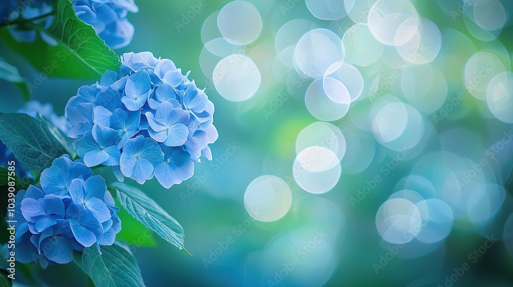 Poster   Close-up of blue flower on branch, blurred background