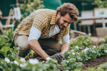 Fototapeta premium photo of good looking man working in the garden, ironic, Gardener planting seedling of greens, eat pot into soil at vegetable garden. Spring sustainable gardening