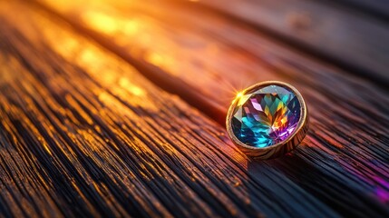 Colorful Gemstone Ring on Wooden Surface