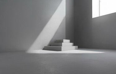 Obraz premium Three white rectangular platforms sit in the corner of a room with sunlight shining through a window.