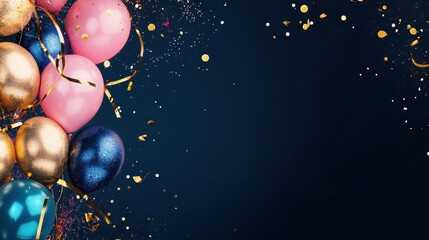Vibrant Celebration Scene with Colorful Balloons and Gold Confetti on Dark Background
