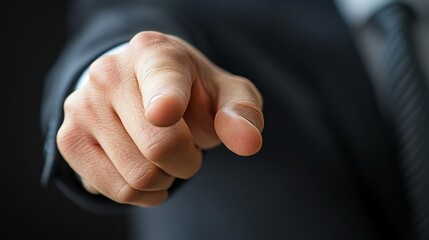 Realistic close-up of a businessman pointing with his finger toward a blank area, his facial expression conveying focus and professionalism